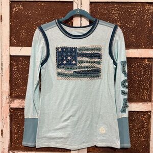 Double D Ranch Light Blue Long Sleeve Flag Tee